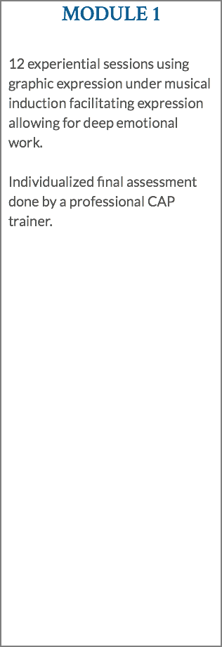 MODULE 1 12 experiential sessions using graphic expression under musical induction facilitating expression allowing for deep emotional work. Individualized final assessment done by a professional CAP trainer. 